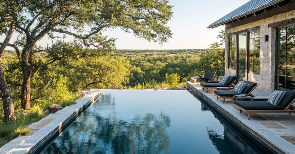 rectangular infinity pool overlooking the landscape, concept of luxury pools