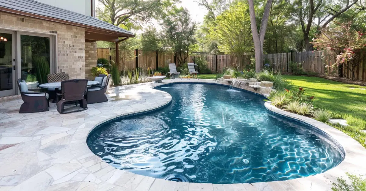 pool with paver decking with table and chairs and green grass and fence